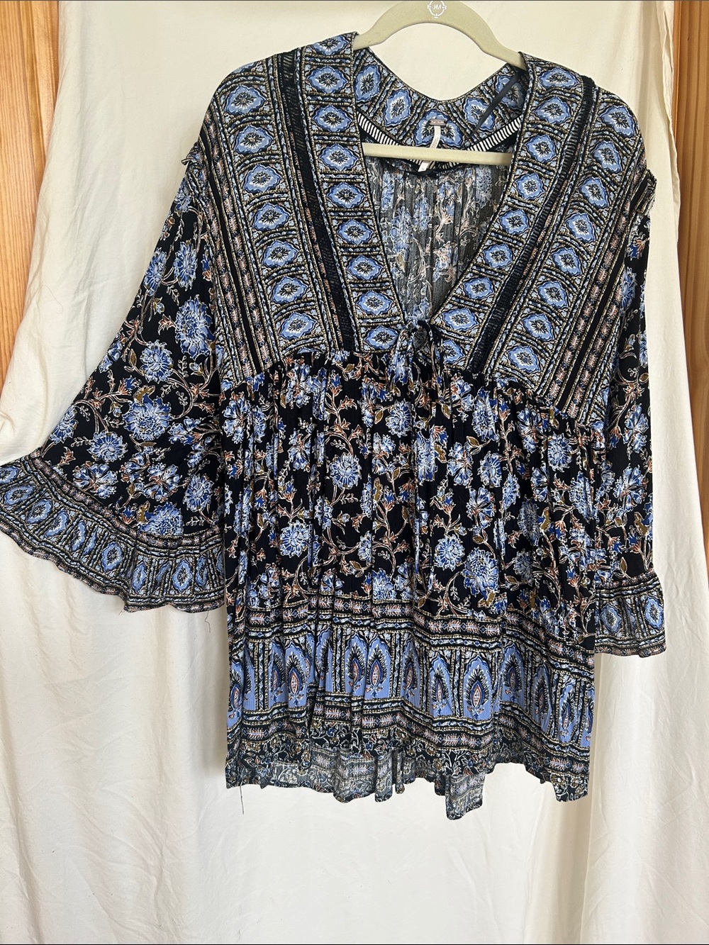 Free People Black Tunic with Light Blue Floral Border Print
